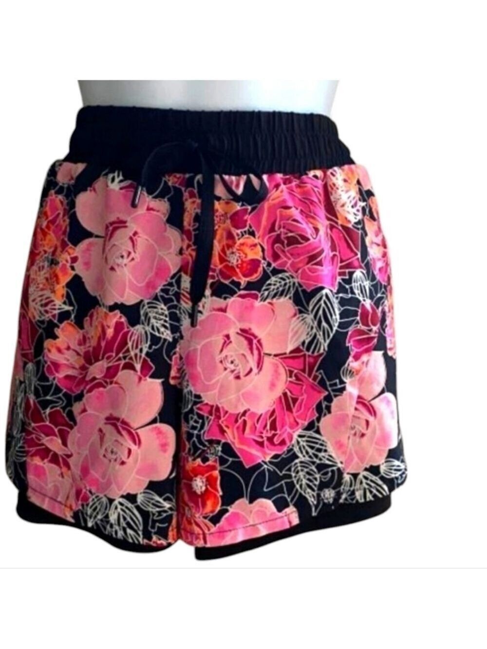 DANSKIN Pink & Black Floral Print Compression Dri More Athletic Short Size Large